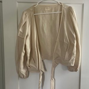 St Agni off-white puff-sleeve wraparound linen/cotton top, size M